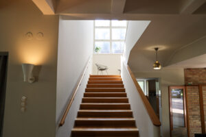 Photo of a staircase in Sunila Kantola, designed by Alvar Aalto